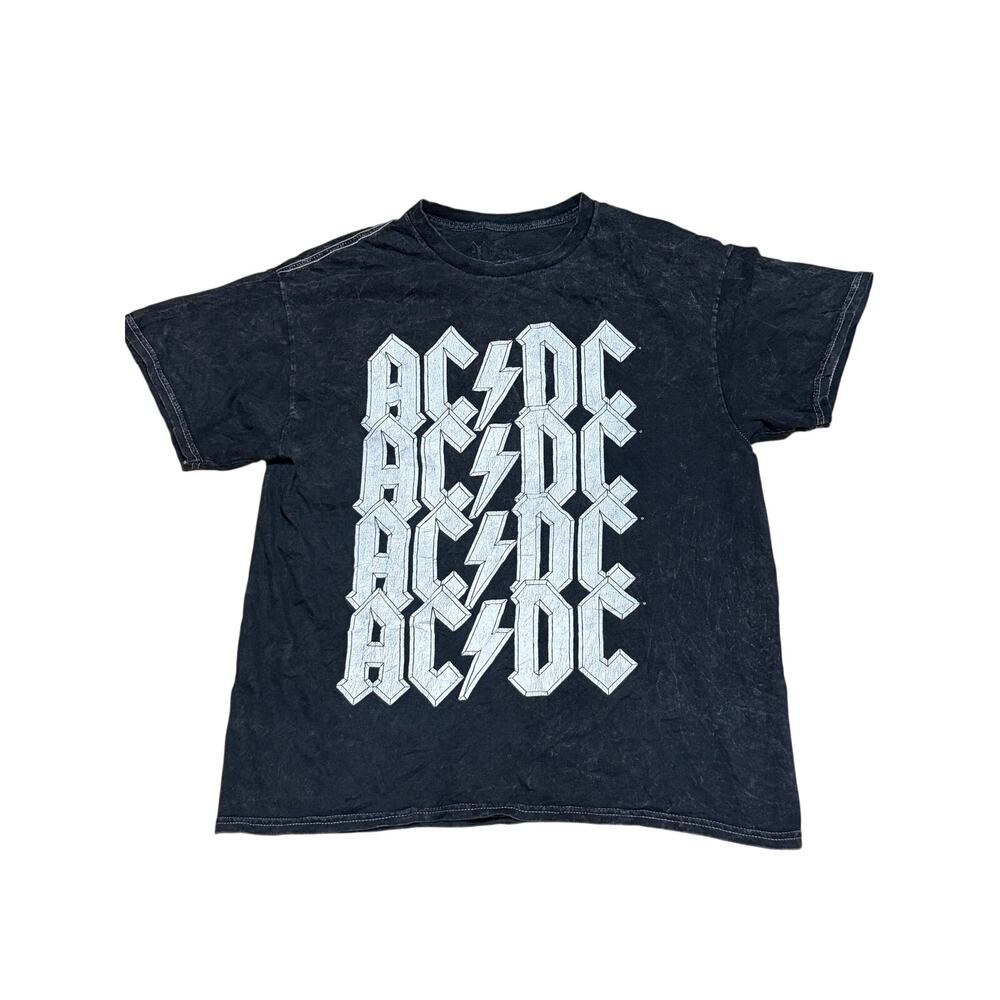 AC/DC Stacked Logo Mineral Wash Black Rock Band Graphic Tee